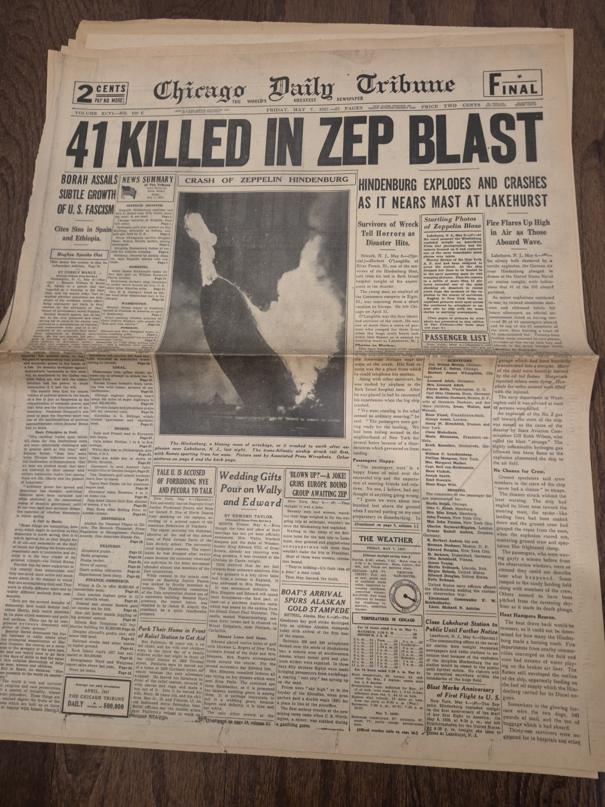 Lot of 2 extra May 7, 1937 Zep Explodes Hindenburg Chicago Daily Gary Post