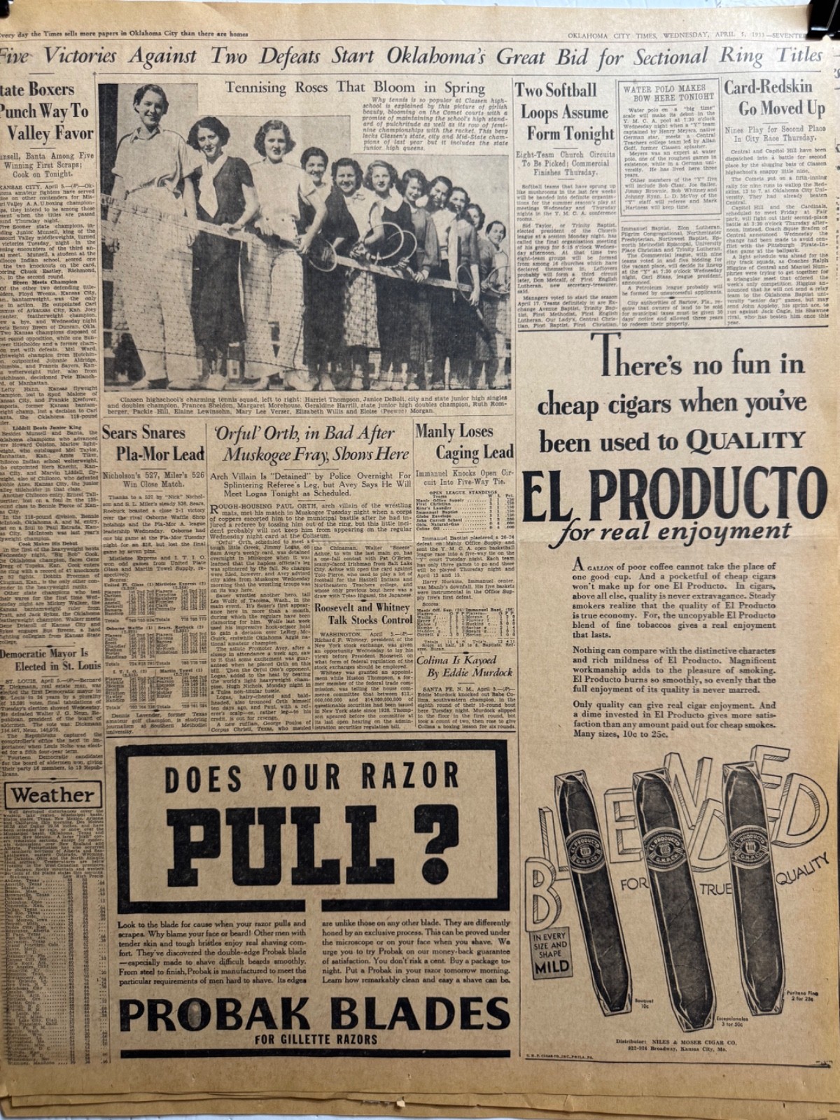 1933 CLASSEN HIGHSCHOOL OKLA. CITY GIRLS TENNIS TEAM NEWSPAPER PAGE