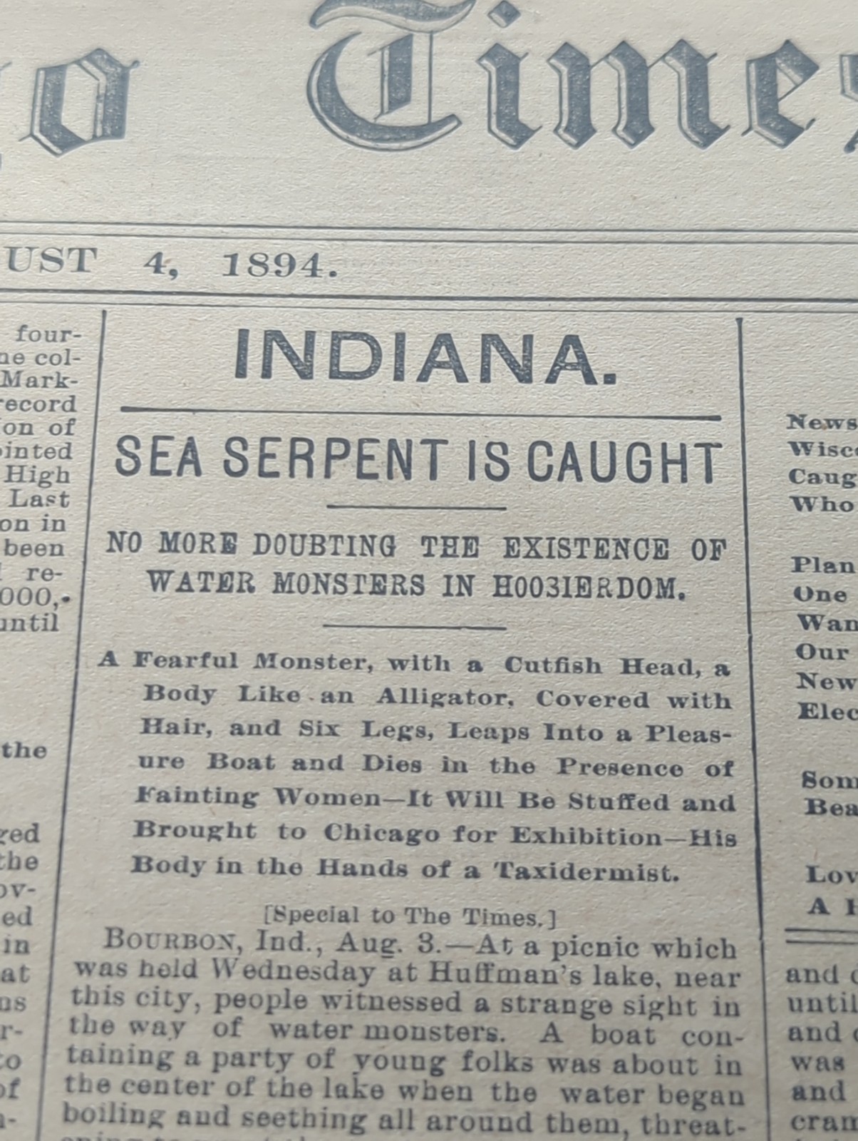 AUG 4, 1894 NEWSPAPER PAGE #2851- SEA SERPENT CAUGHT IN BOURBON, INDIANA