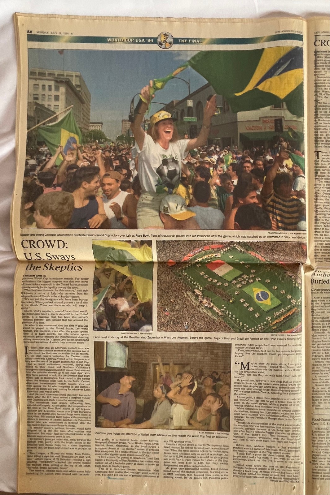 7/18/1994 World Cup USA Soccer *BRAZIL BEATS ITALY* LA Times Newspaper