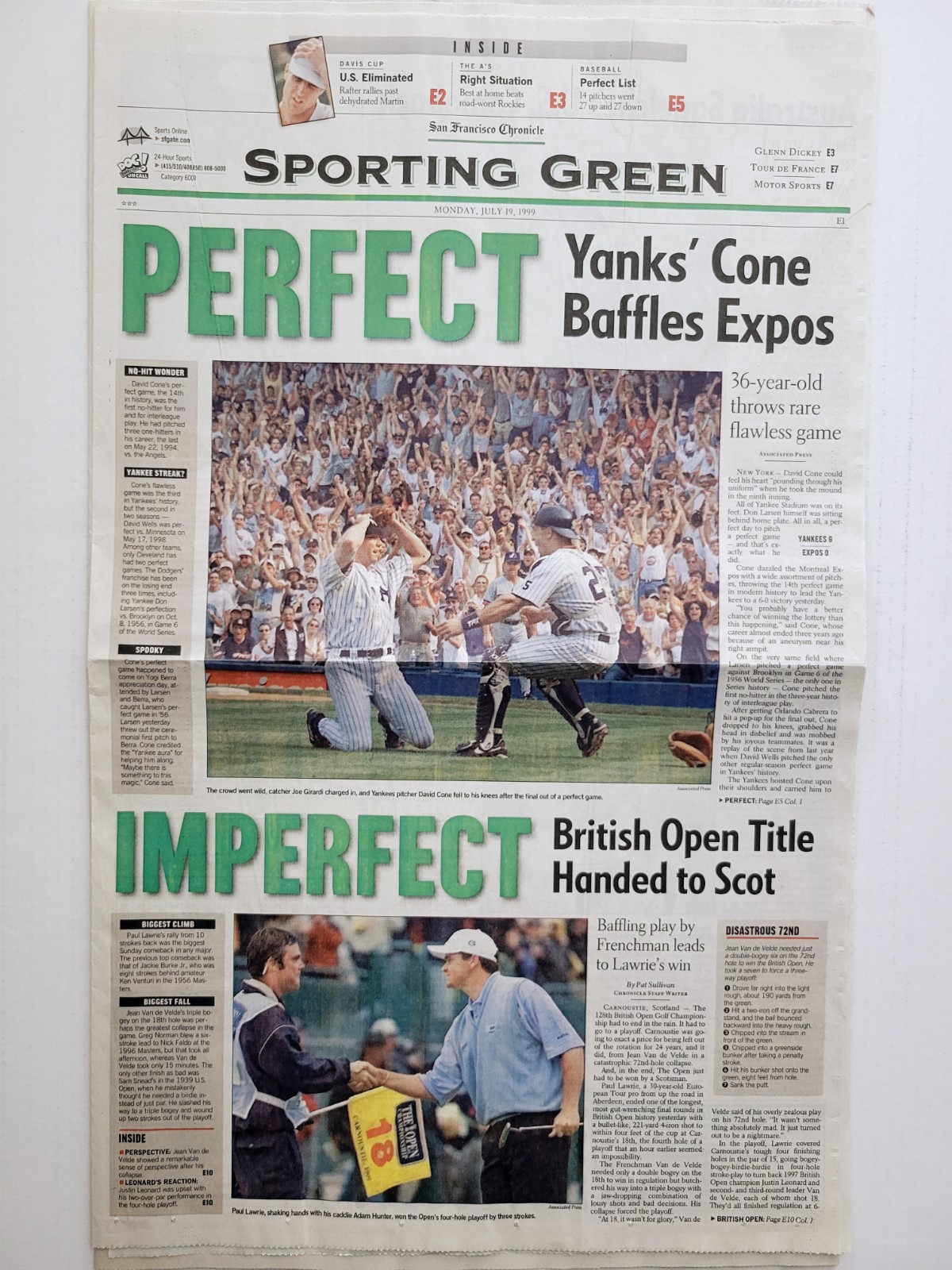 1999 Jul 17: Yankees DAVID CONE Perfect Game! SF Chron, San Jose Merc, USA Today