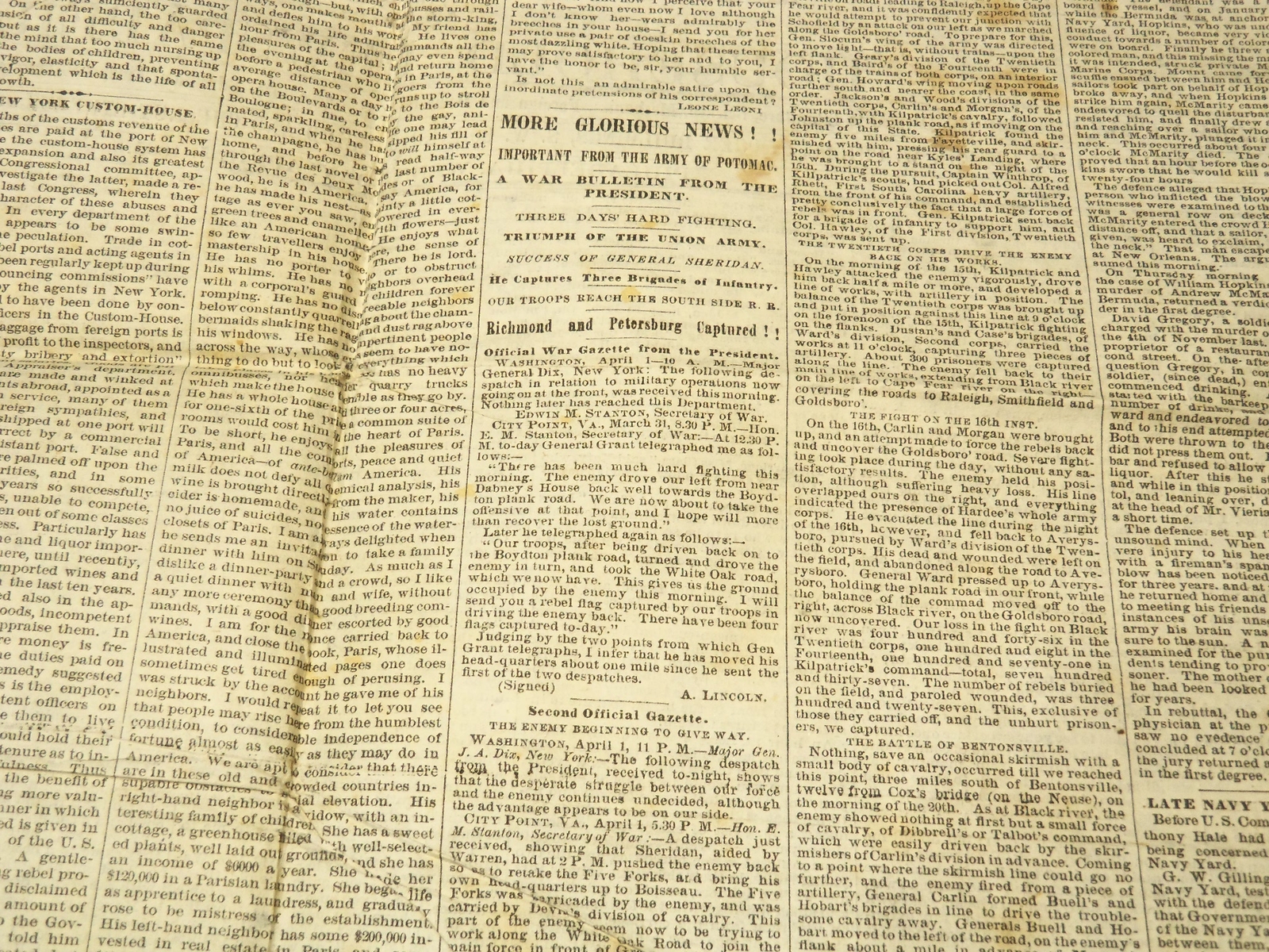 1865 APRIL 5 THE HOME WEEKLY NEWSPAPER – BULLETIN FROM LINCOLN – NP 8991