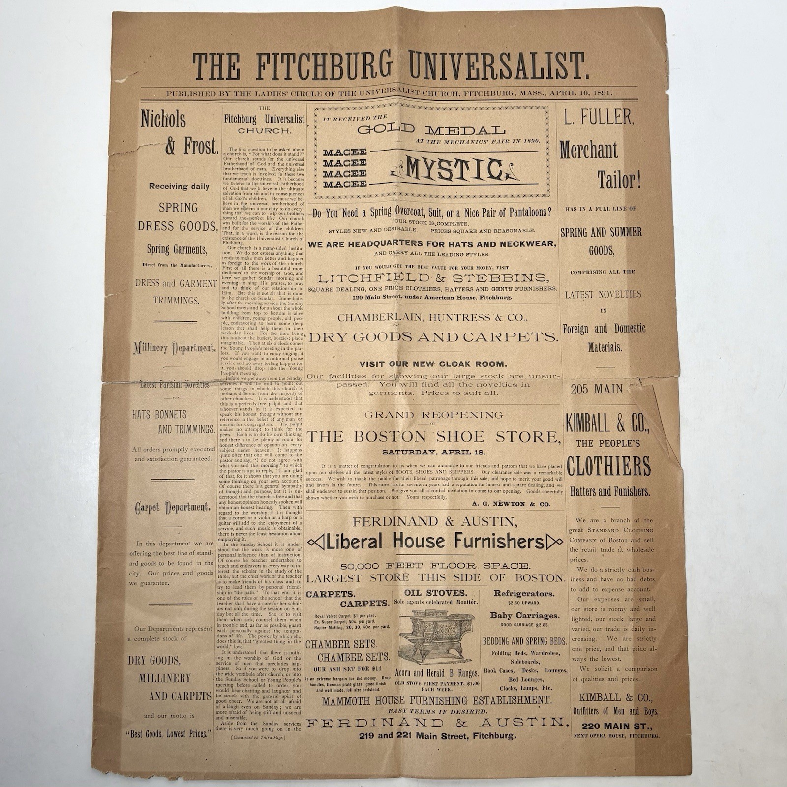 Antique 1891 Fitchburg Universalist Church MA 1890’s Newspaper Old Local Ads