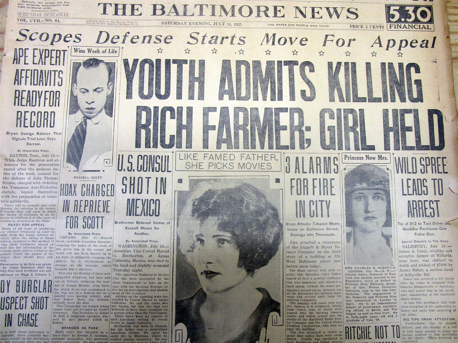 2 1925 hdl newspapers SCOPES “monkey” TRIAL Dayton Tennessee THEORY OF EVOLUTION