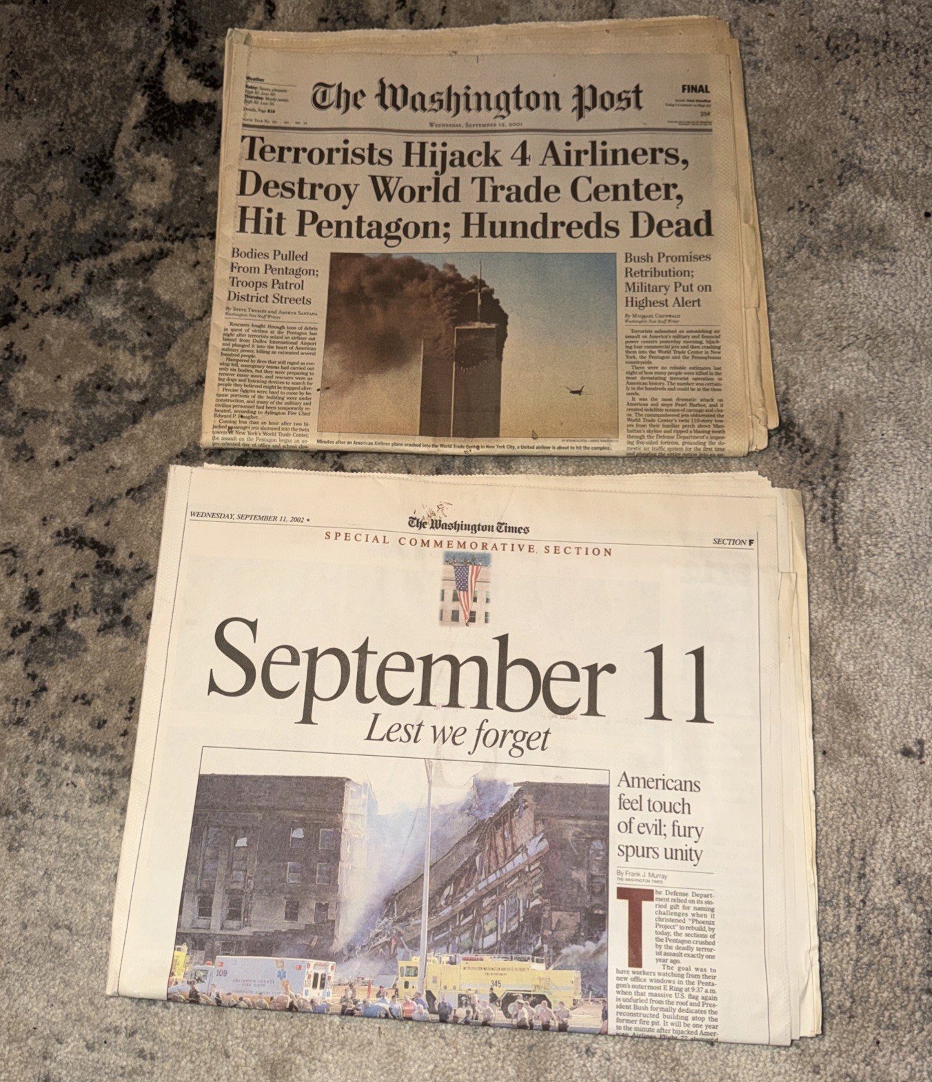 The Washington Post 911 World Trade Center Newspaper 9/12/2001 Historic Bush