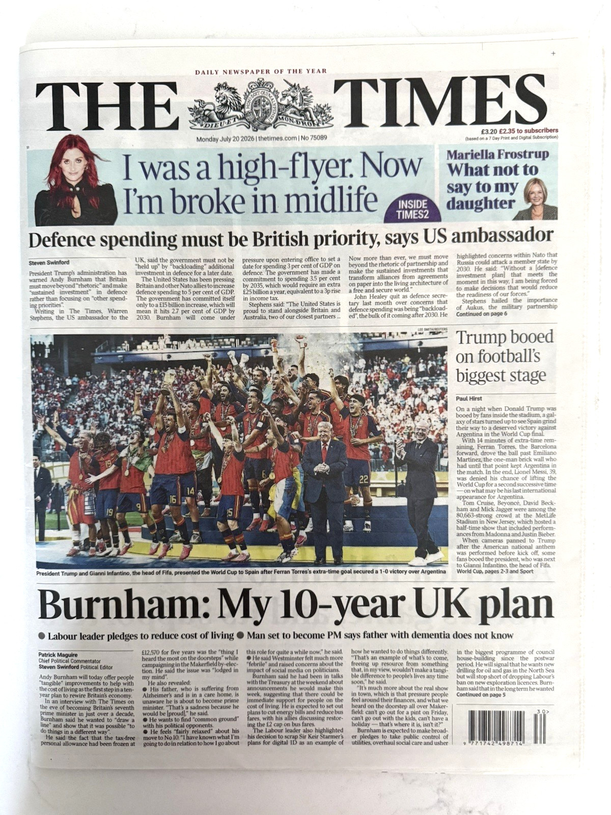 SPAIN ARGENTINA WORLD CUP FINAL MADONNA SHAKIRA UK THE TIMES NEWSPAPER JULY 2026