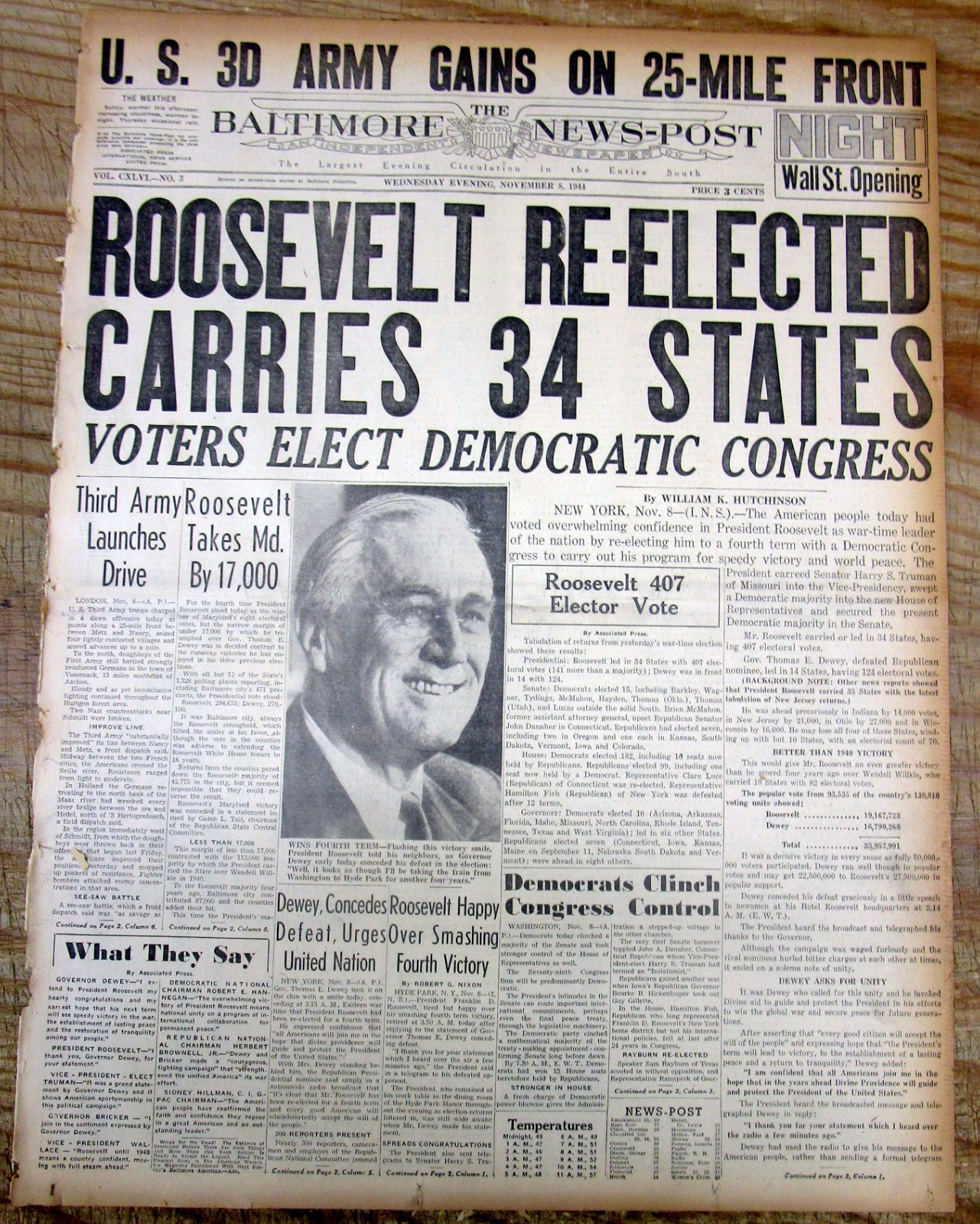 1944 headline newspaper FRANKLIN D ROOSEVELT RE-ELECTED PRESIDENT for a 4th term
