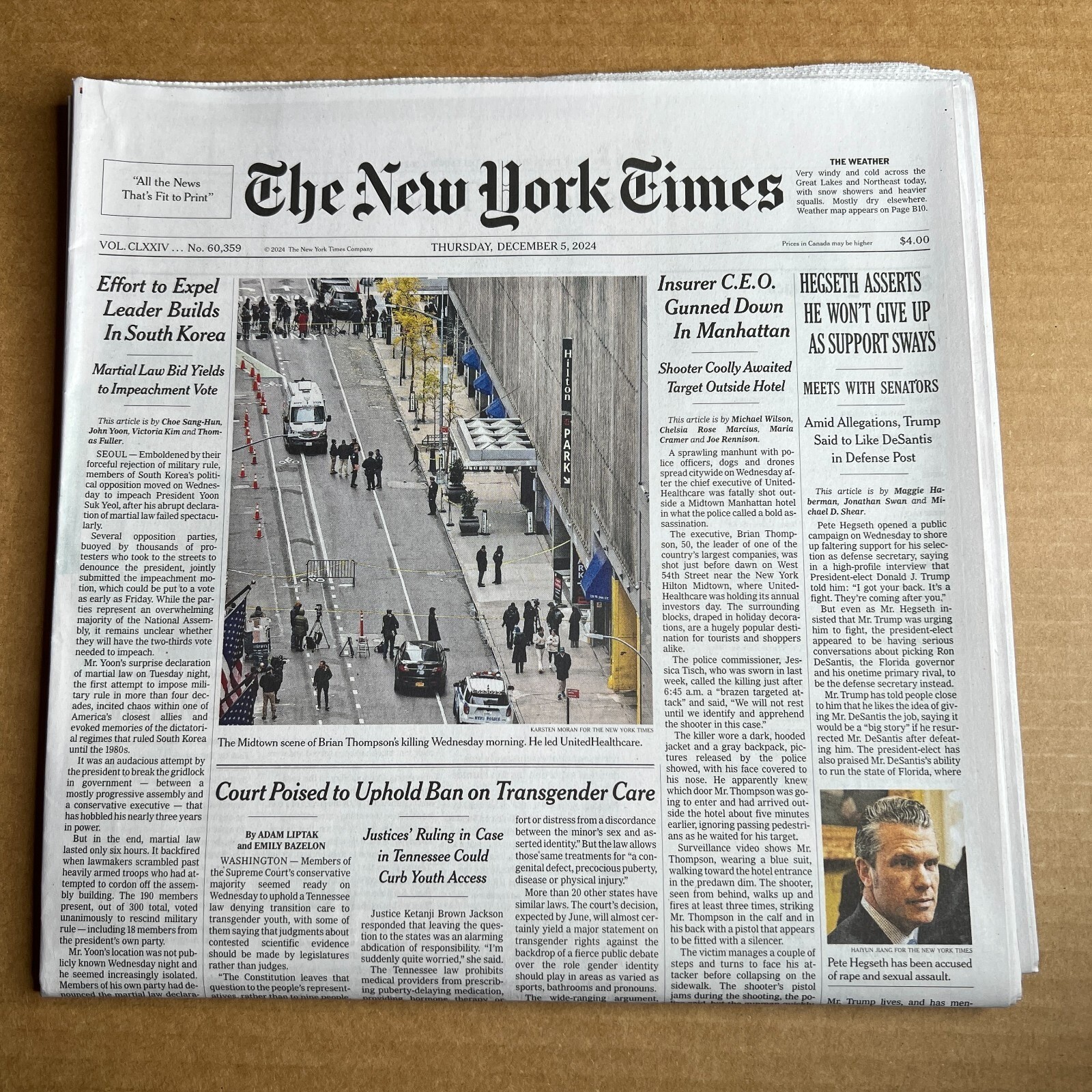 The New York Times Paper December 5 2024 Insurer CEO Gunned Down in Manhattan