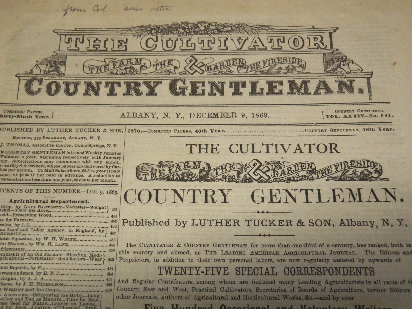 1869 DECEMBER 9 THE CULTIVATOR COUNTRY GENTLEMAN MAGAZINE – ALBANY NY – NP 4252Q