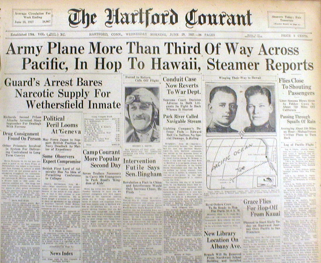 2 1927 headlne newspapers 1st CALIFORNIA to HAWAII Trans Pacific AVIATION FLIGHT
