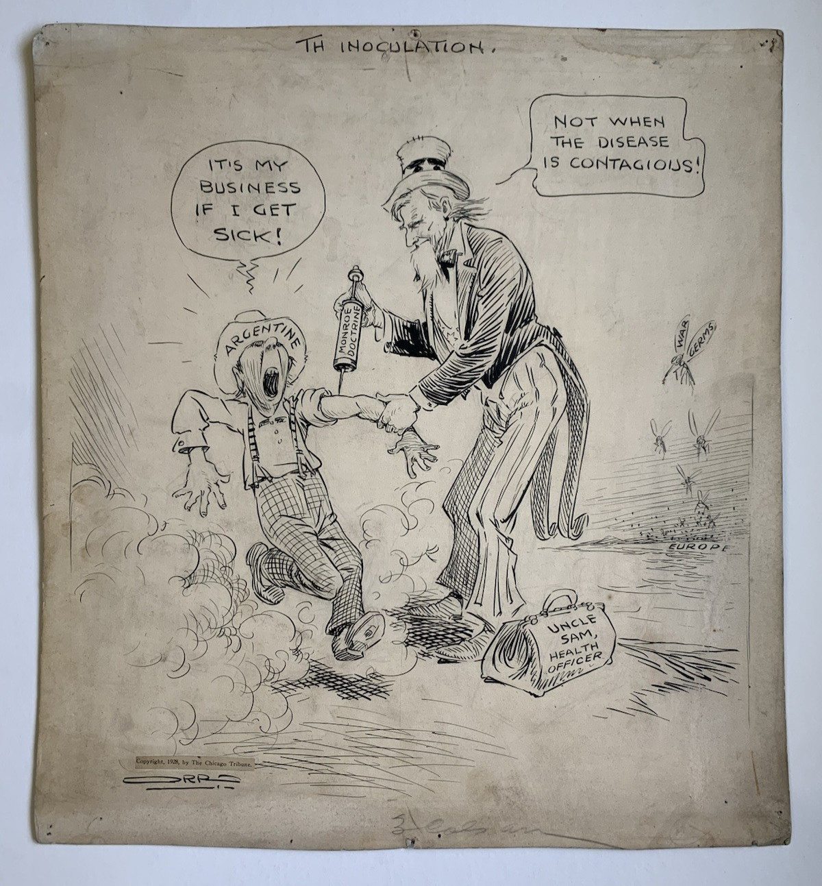Org. art political cartoon for 1928 Chicago Tribune. Argentina, Monroe Doctrine