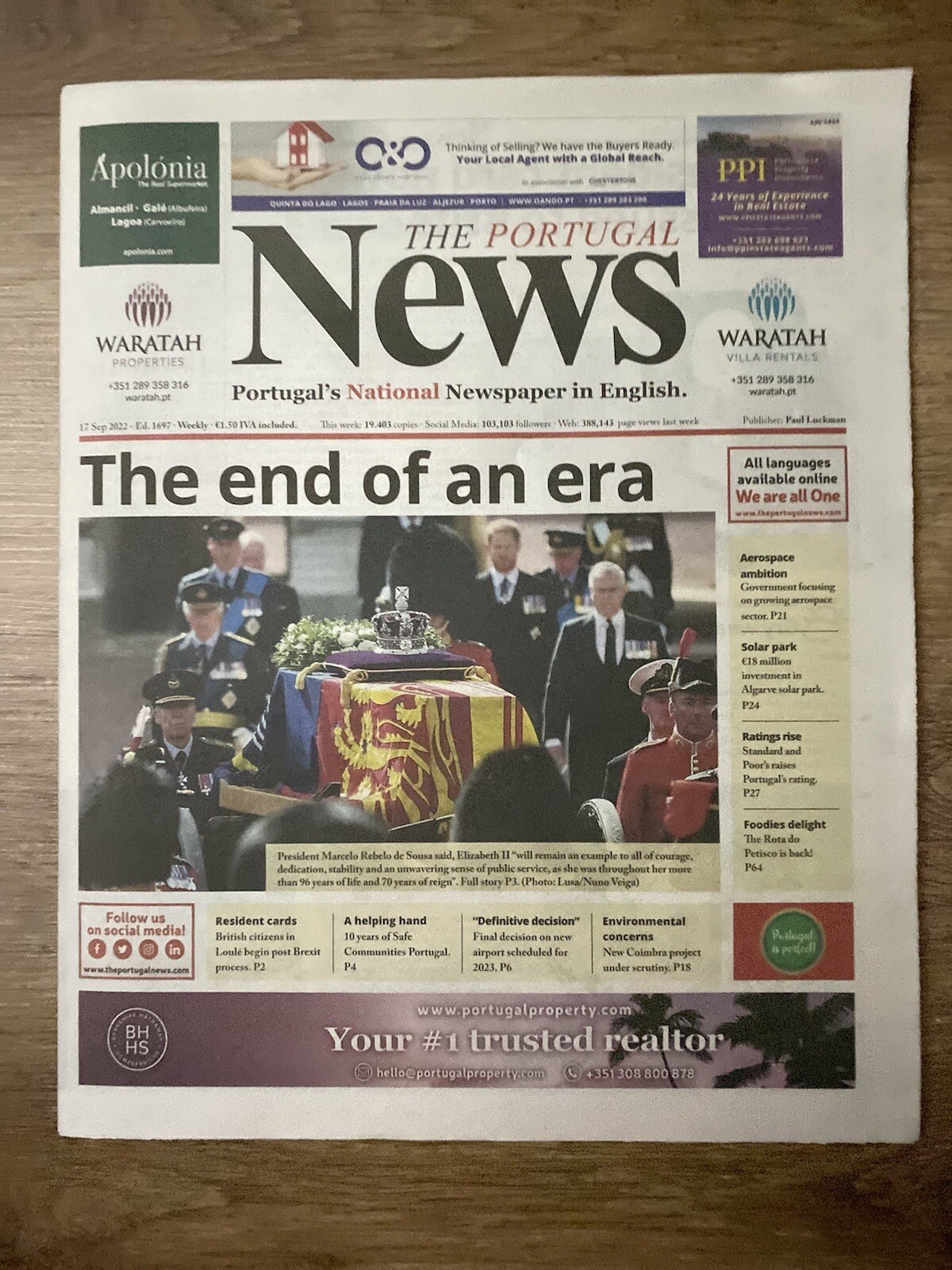 News From Portugal RARE Newspaper Queen Elizabeth II – 17/9/2022 – Death Notice