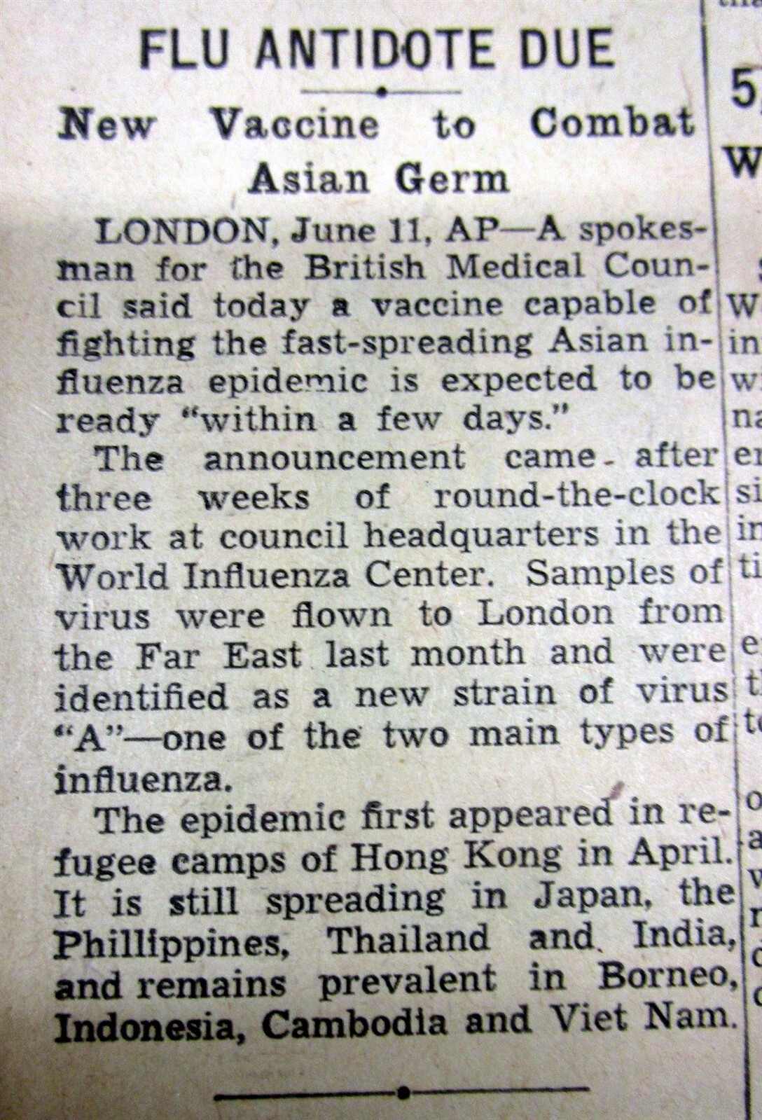 5 1957 newspapers H2N2 ASIAN FLU PANDEMIC BEGINS One of the deadliest in history