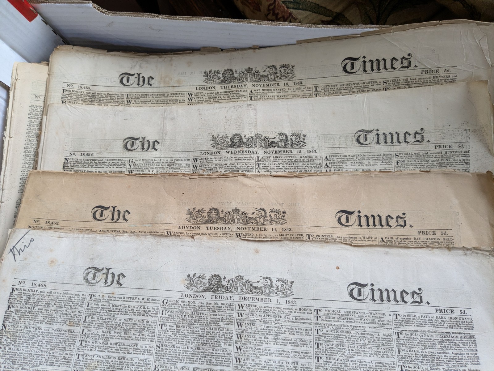 Collection of 28 mid-C19th copies of The Times newspaper, selling in small bundl