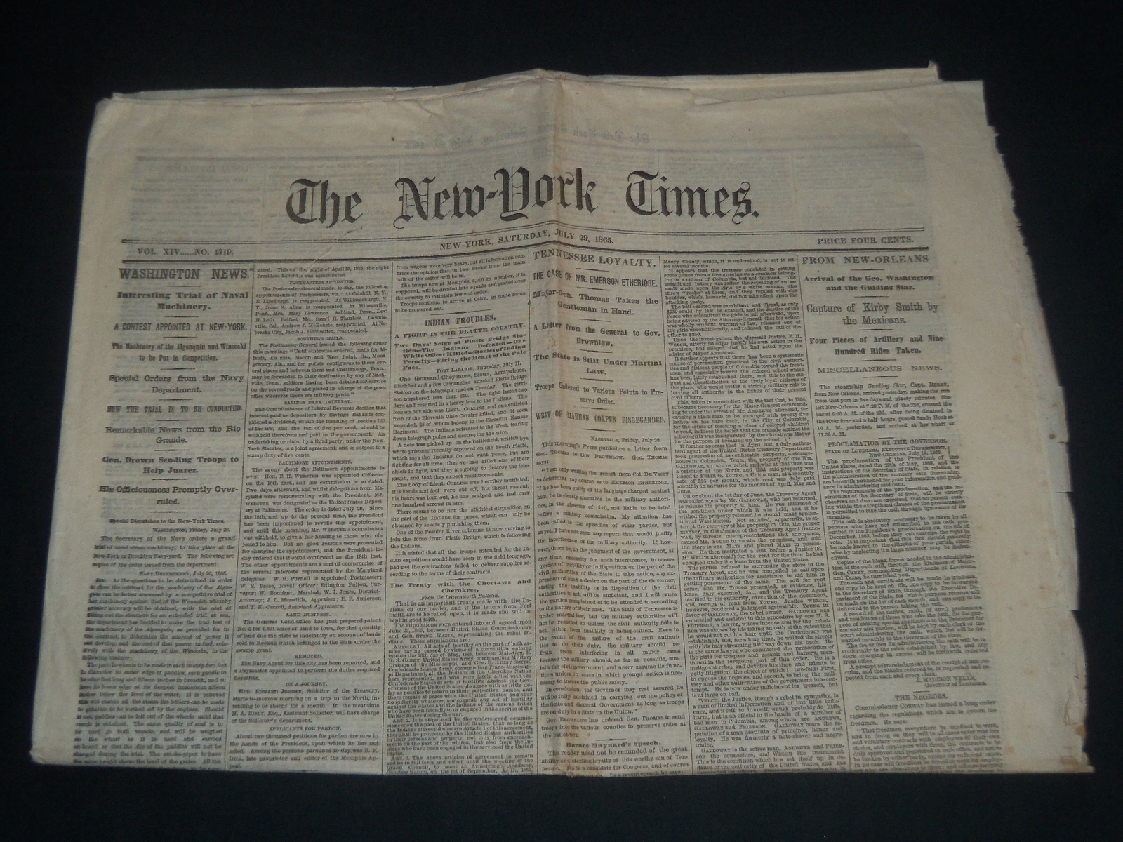 1865 JULY 29 NEW YORK TIMES NEWSPAPER – TENNESSEE UNDER MARTIAL LAW – NP 3992