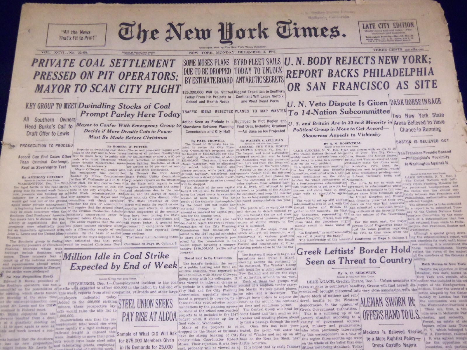 1946 DECEMBER 2 NEW YORK TIMES – U. N. BODY REJECTS NEW YORK – NT 2964