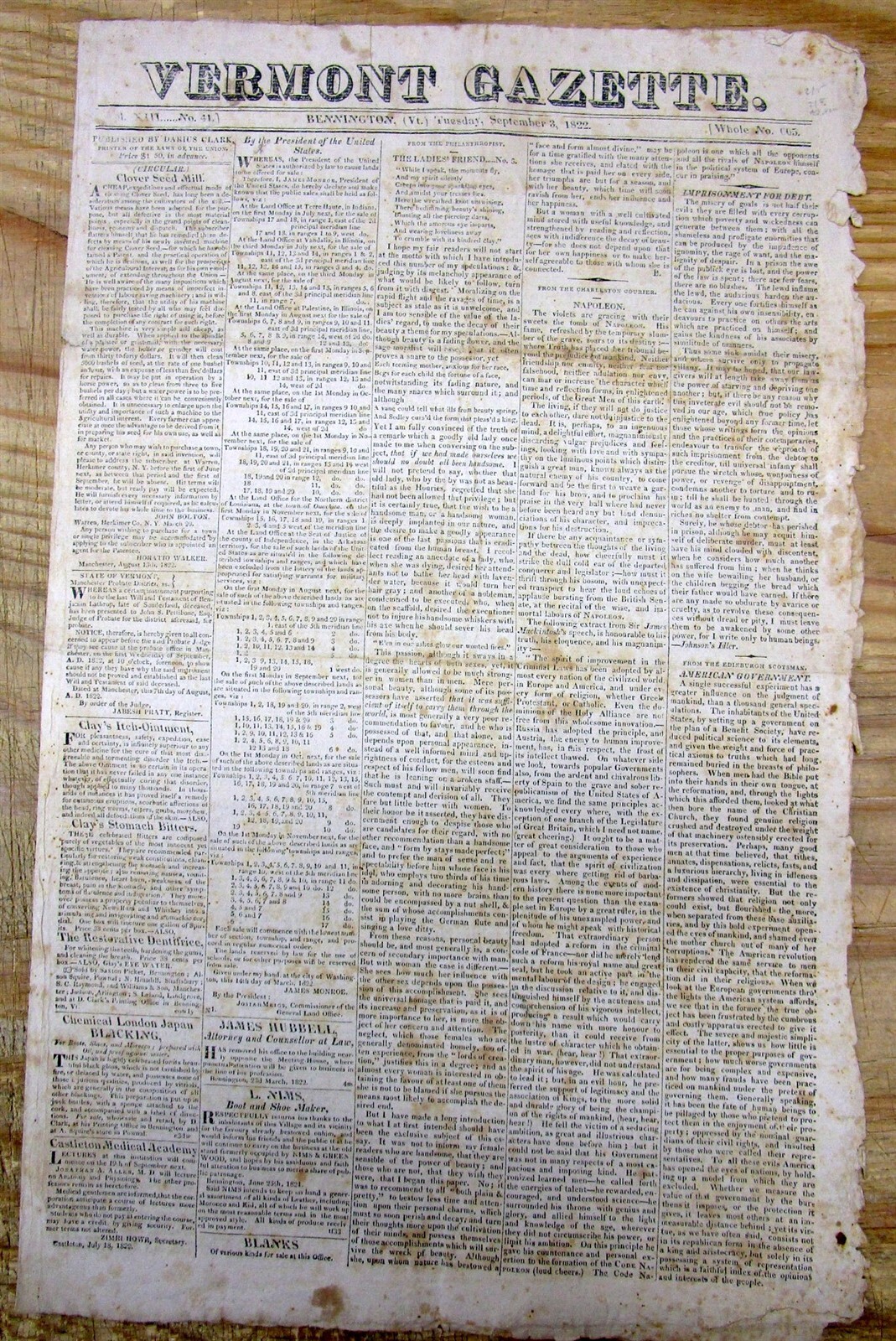 1822 newspaper ANDREW JACKSON NOMINATED for US PRESIDENT by TENNESSEE Seneca Ind