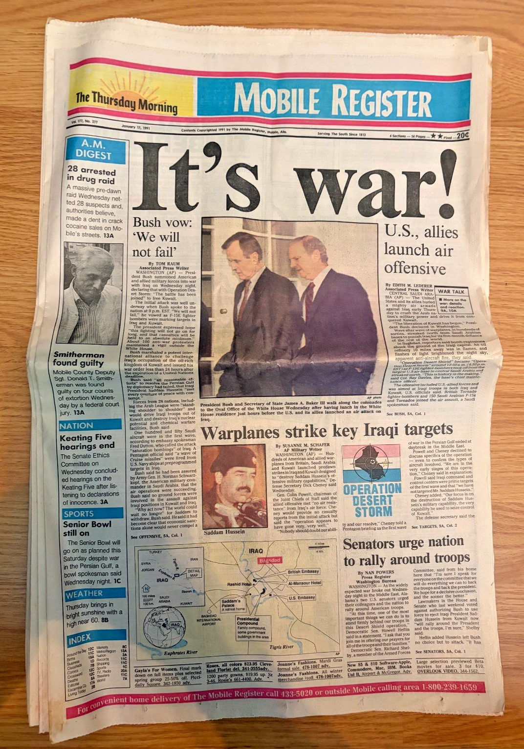 1991 Mobile Register It’s War Newspaper Desert Storm Gulf War Iraq Jan 17 1991