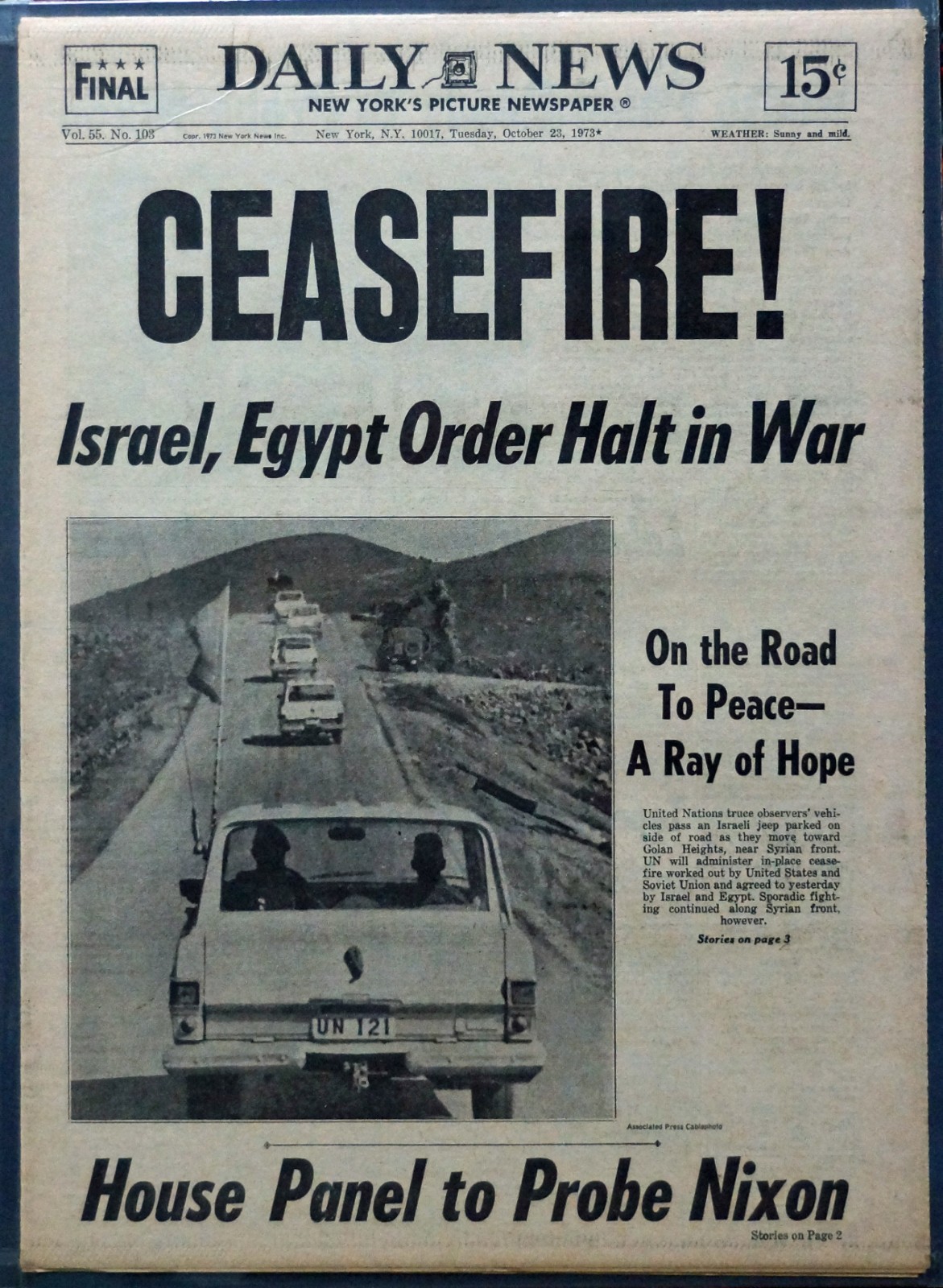 1973 Daily News YOM KIPPUR WAR CEASEFIRE! Israel Egypt Order Halt in War