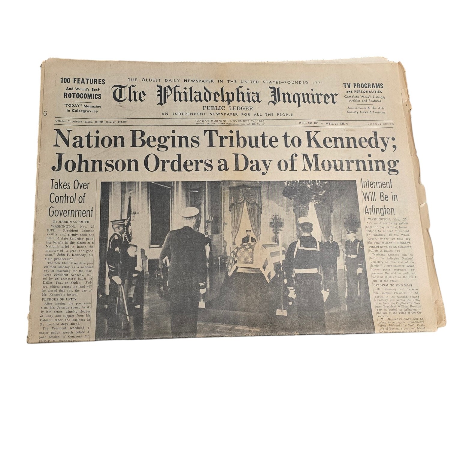 THE PHILADELPHIA INQUIRER NOVEMBER 24 1963 NEWSPAPER TRIBUTE TO KENNEDY