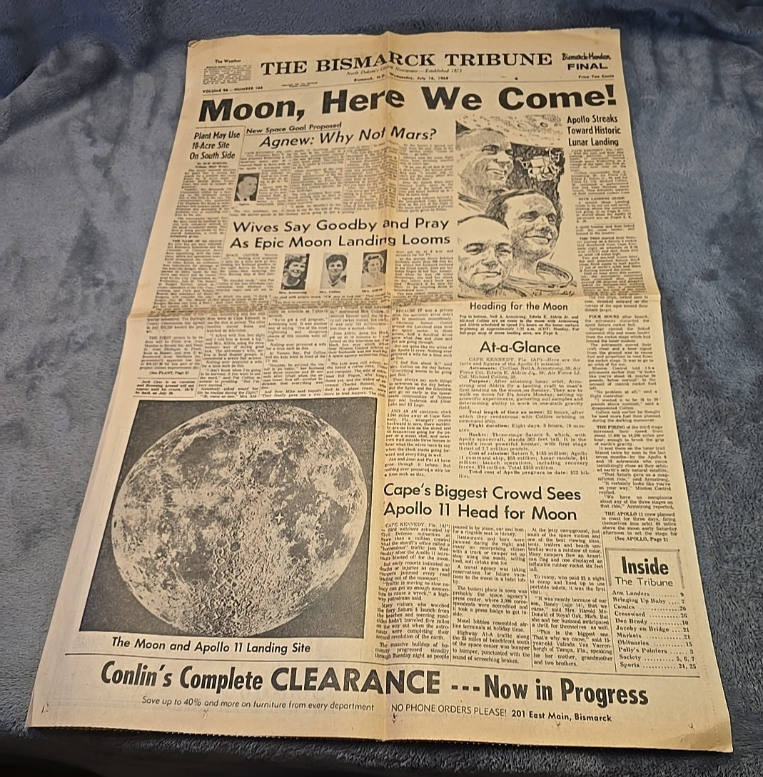Apollo Launch The Bismark Tribune Newspaper July 16, 1969, Nasa Space U.S.A.