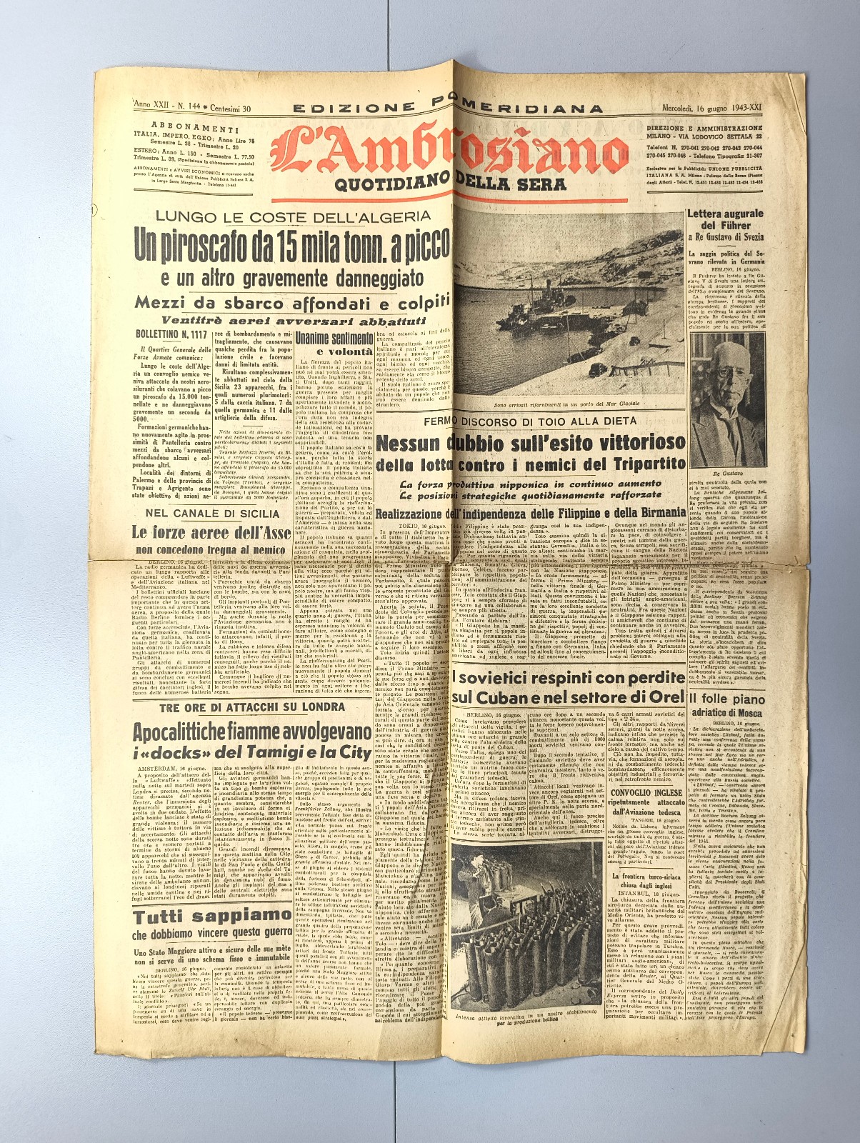L’AMBROSIANO June 16, 1943 World War II Algeria Re Gustavo Birmania