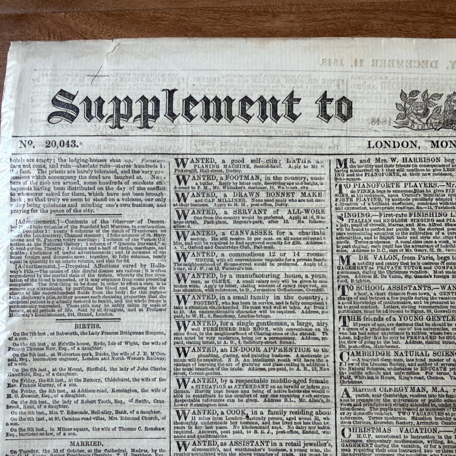 December 11 1848 THE LONDON TIMES Victorian ORIGINAL Newspaper and Supplement