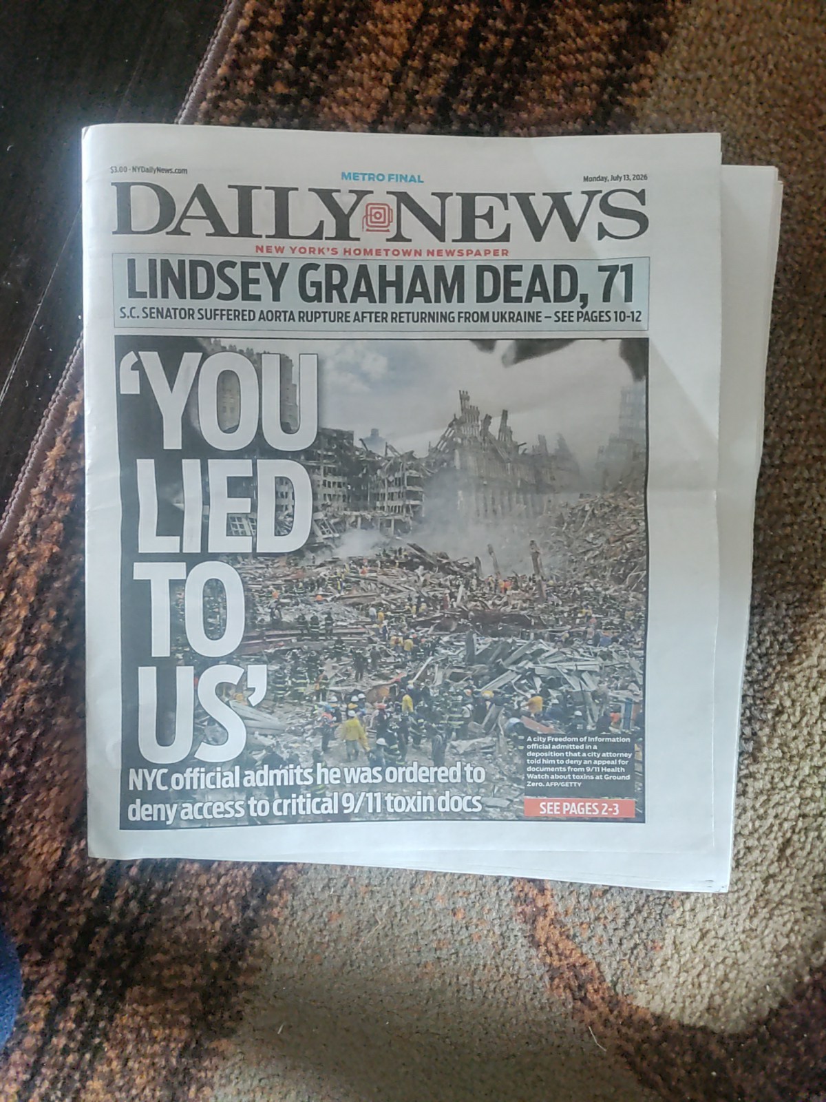New York Daily News July 13,2026 Senator Lindsey Graham Passes Away At 71