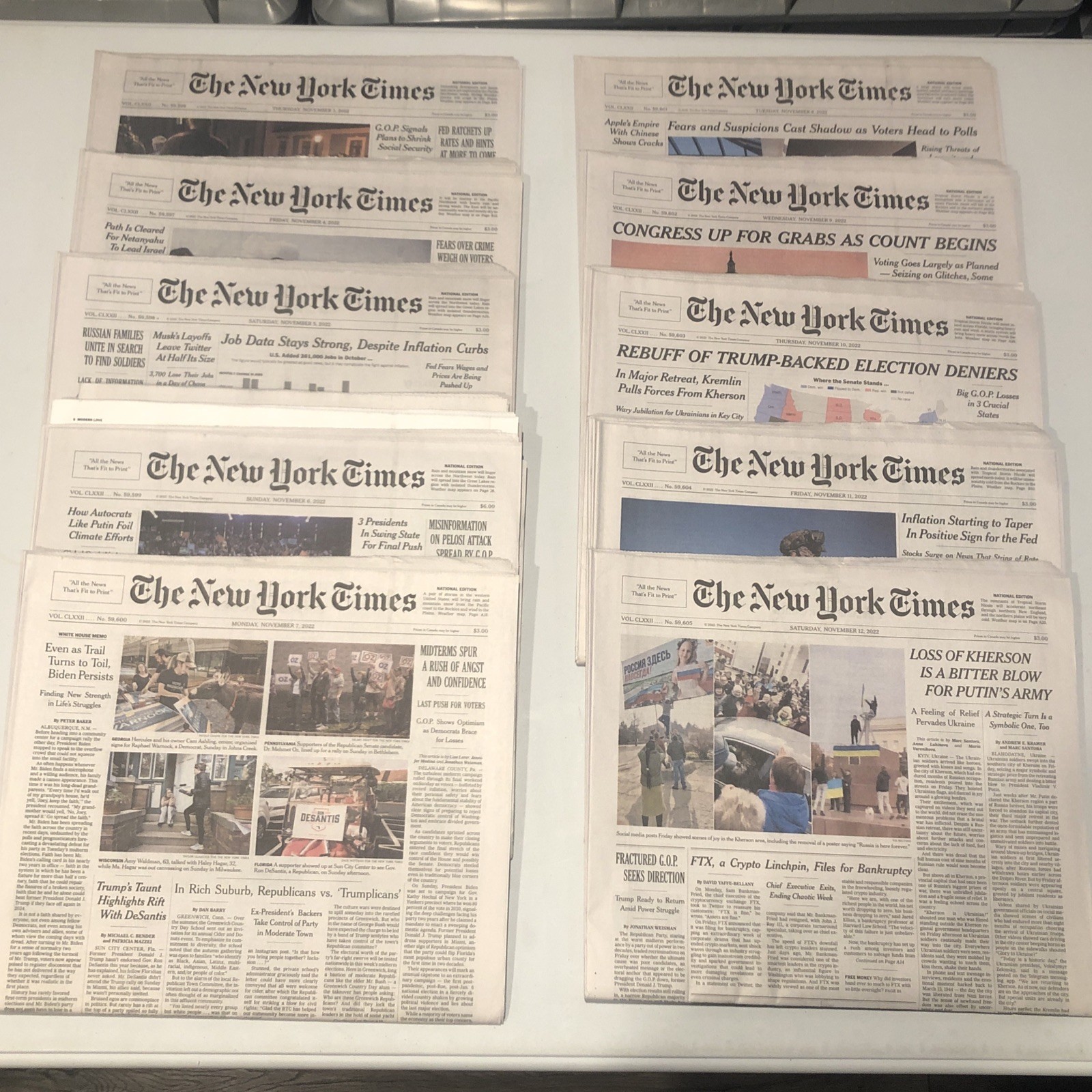 New York Times 10 Used Newspapers Lot – Nov 3 4 5 6 7 8 9 10 11 12, 2022