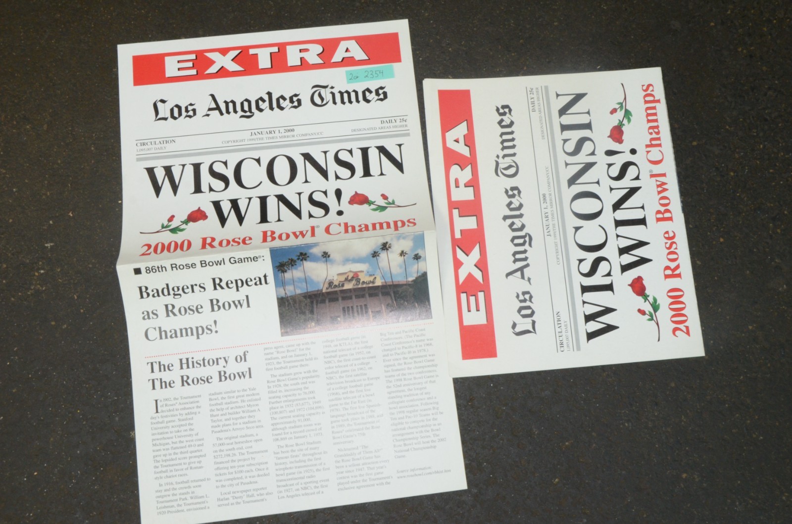 2000 Wisconsin Badgers Win Rose Bowl Champions Los Angeles Times Newspaper Extra