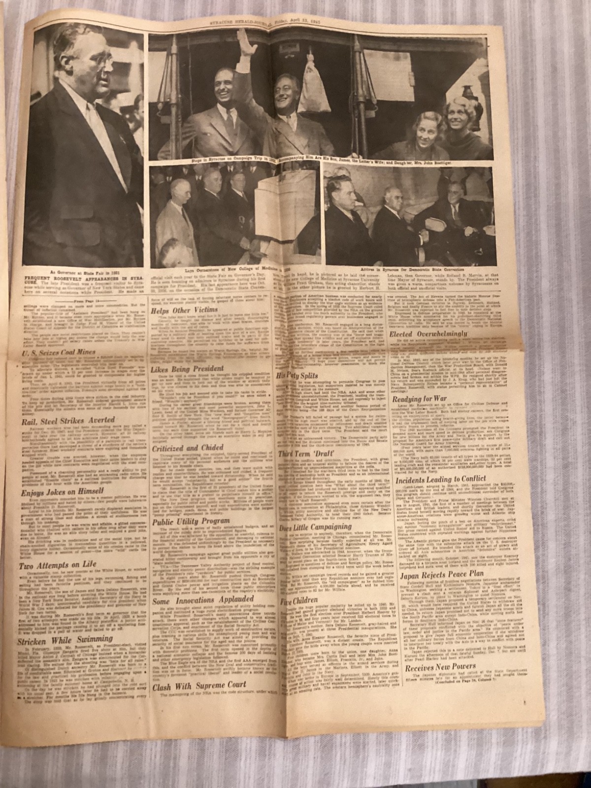April 13, 1945 Syracuse Herald News Franklin D Roosevelt FDR Death Announced