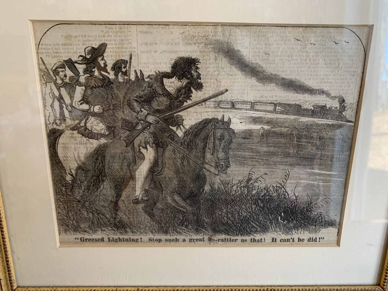 Framed 1875 newspaper, New York weekly grease lightning train, comical vintage