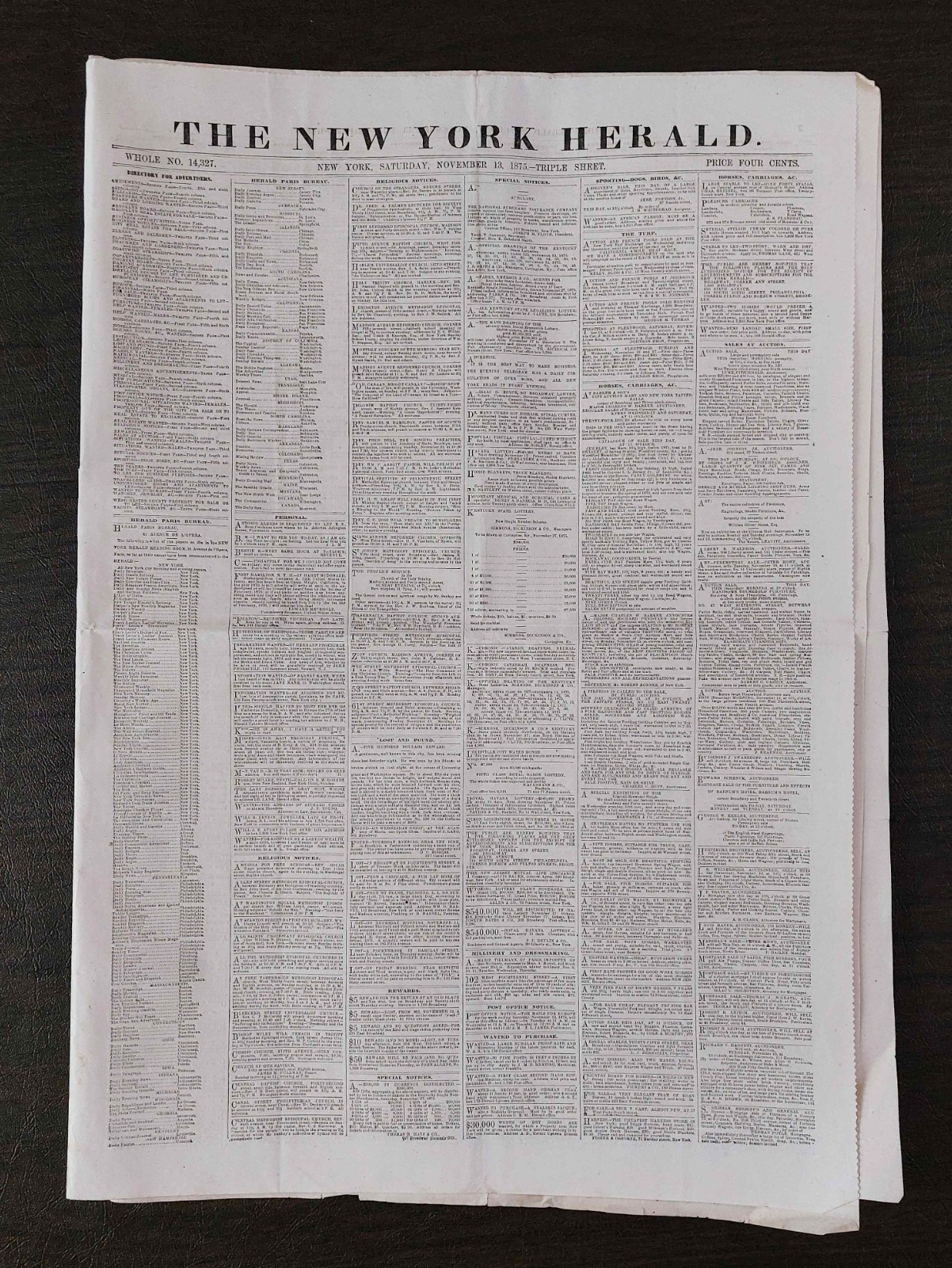 NY HERALD NEWSPAPER NOV 13 1875 UNCUT SHEETS COMPLETE