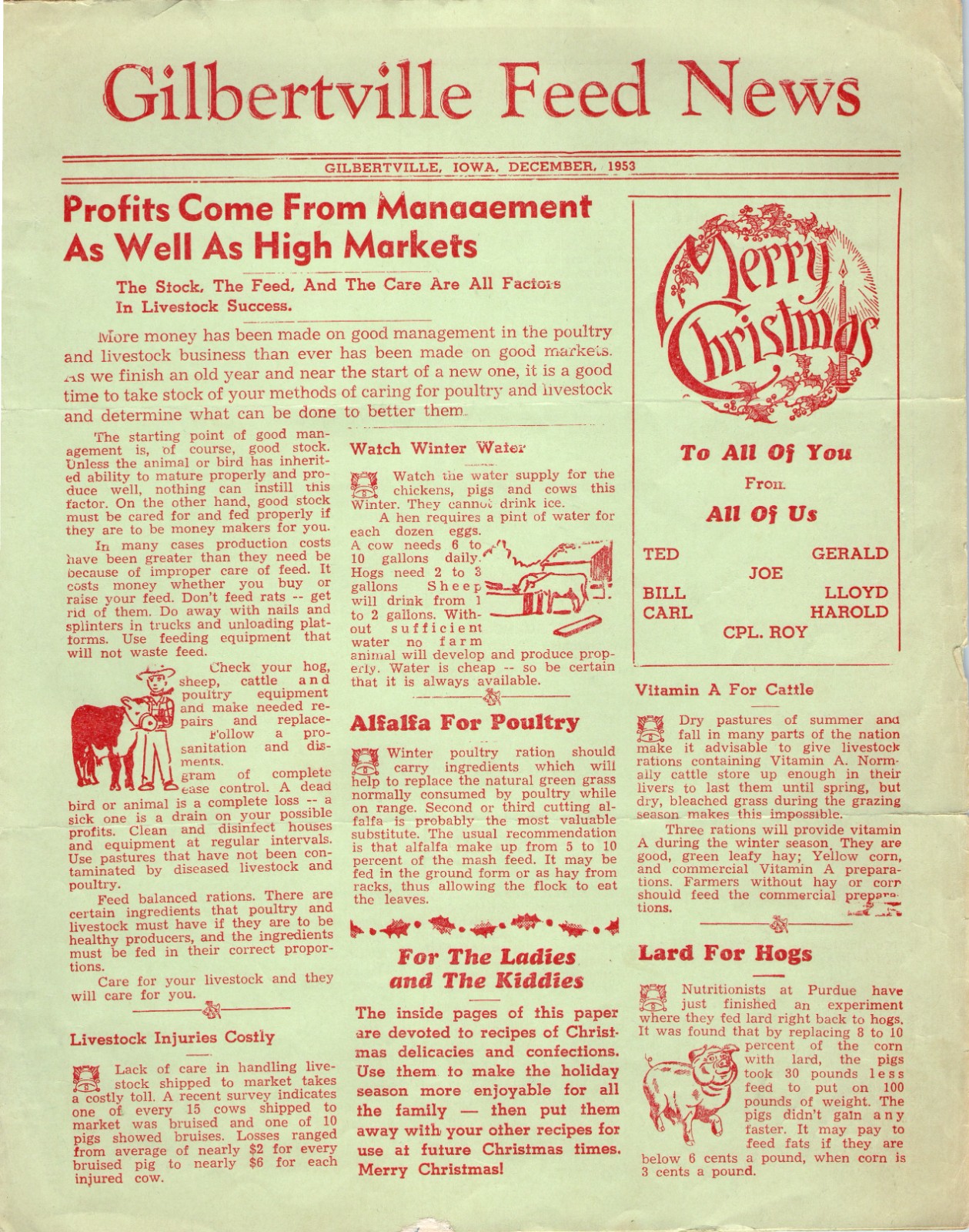 1953 Gilbertville Feed News IA Bifold Newsletter Christmas Candy Cookie Recipes