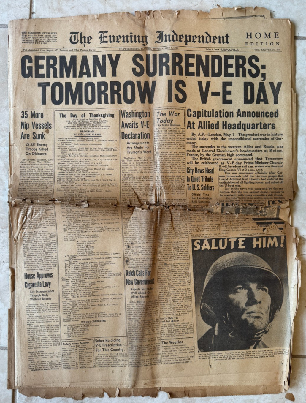 WWII “GERMANY SURRENDERS” Evening Independent St. Pete Fl May 7, 1945 Newspaper