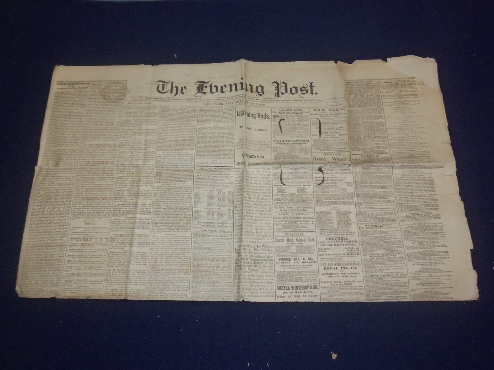 1869 JULY 3 THE SATURDAY EVENING POST NEWSPAPER – CORNELL UNIVERSITY – NP 5054