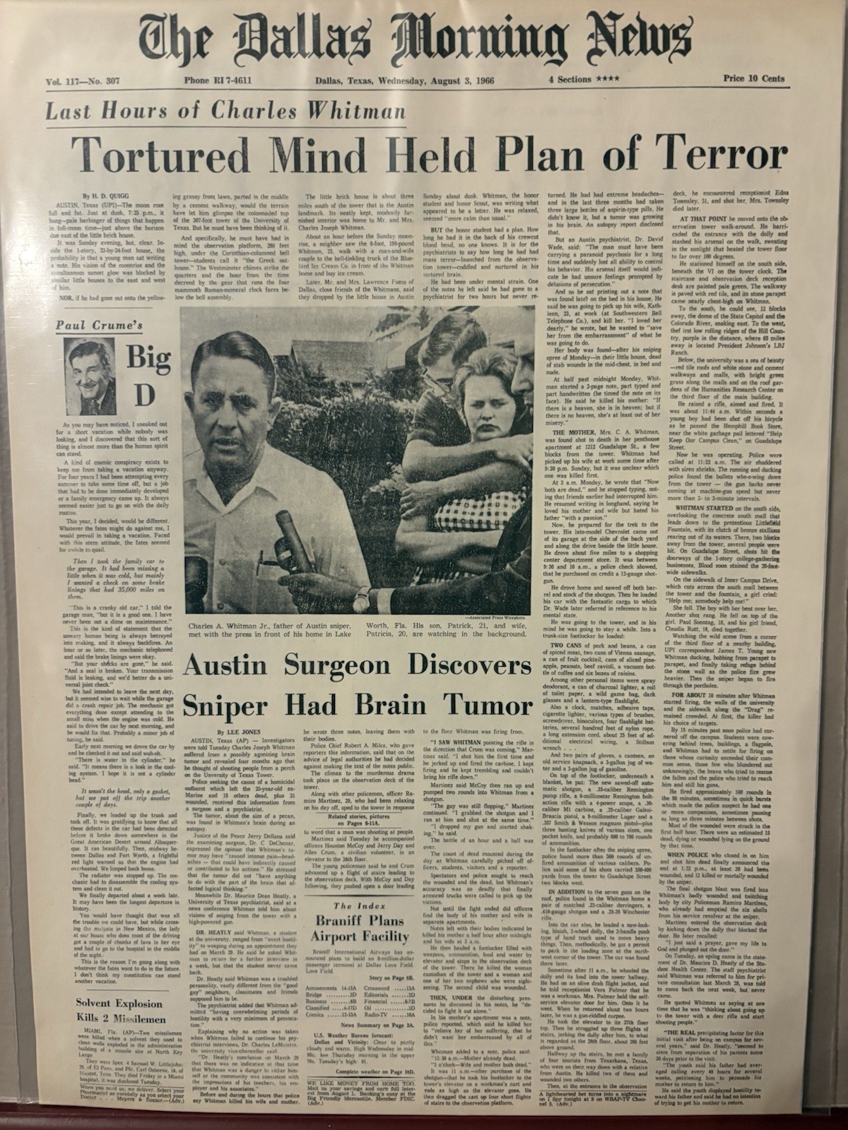 VINTAGE NEWSPAPER HEADLINE ~ CHARLES WHITMAN AUSTIN TEXAS SNIPER 1966 TERROR