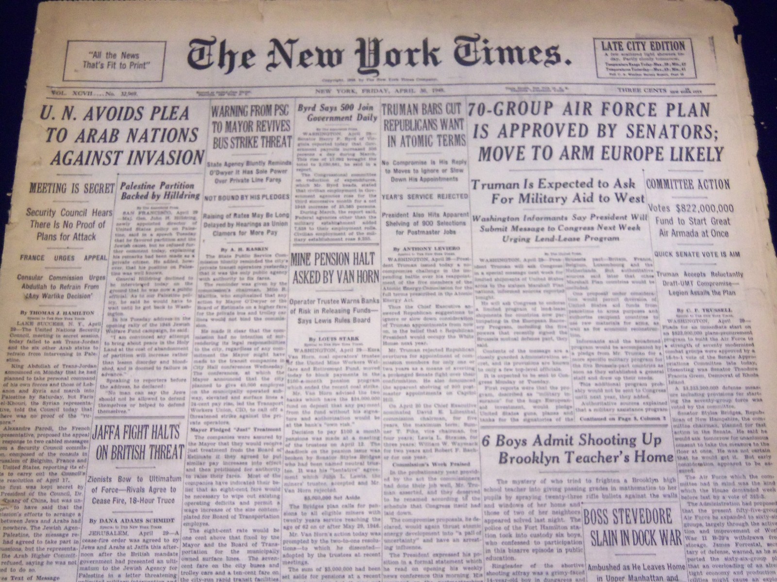 1948 APRIL 30 NEW YORK TIMES – U. N. AVOIDS PLEA TO ARABS – NT 3768