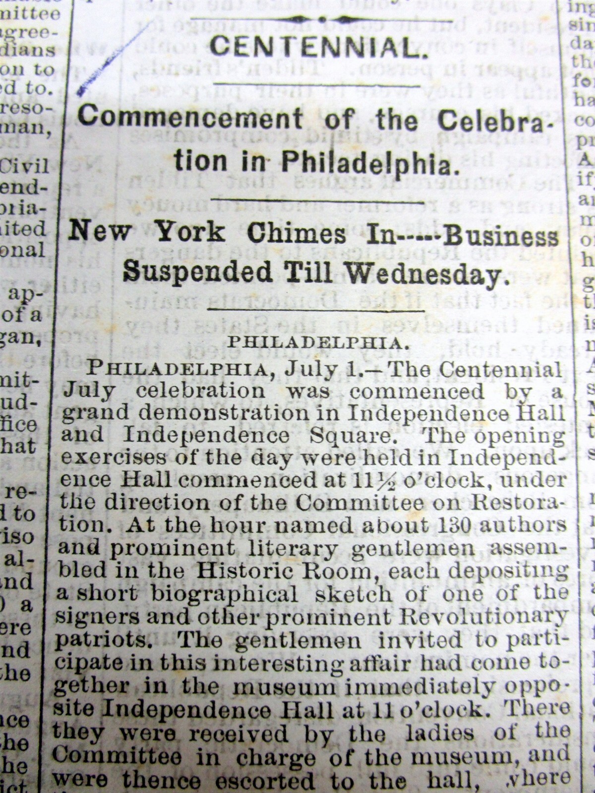 1876 Memphis TENNESSEE newspaper w headline THE US CENTENIAL CELEBRATION begins