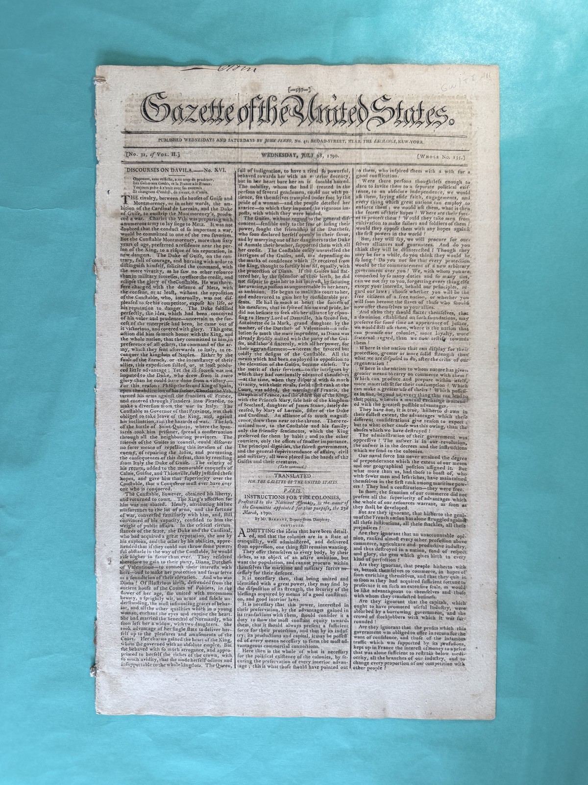 1790 Gazette US NY July 28 J. ADAMS-Davila, WASHINGTON, JEFFERSON, HAMILTON