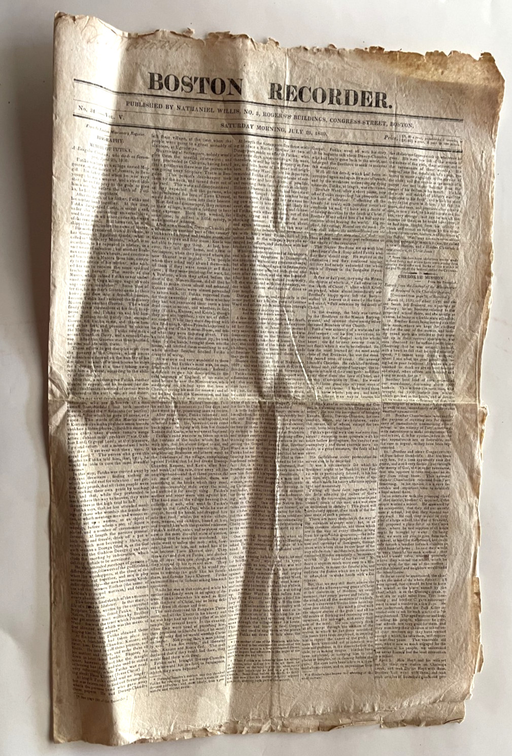 COLONIAL AMERICA BOSTON RECORDER NEWSPAPER CHEROKEE INDIANS HINDUS