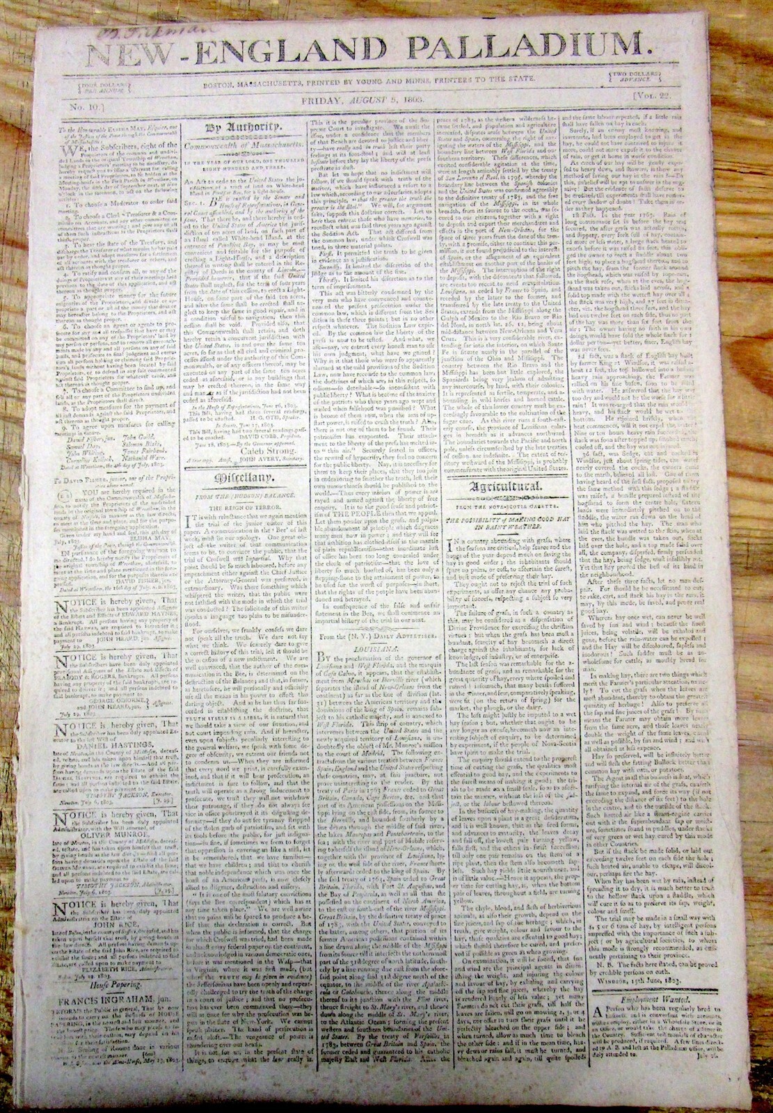 2 1803 newspapers w early reports of THE LOUISIANA PURCHASE by Thomas Jefferson