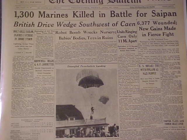 VINTAGE NEWSPAPER HEADLINE ~ WORLD WAR 2 MARINES KILLED BATTLE SAIPAN WWII 1944