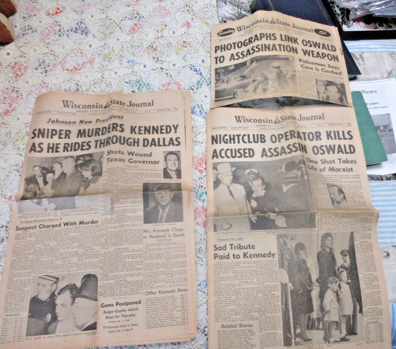 1963 JFK Assasinated Wisconsin State Journal Newspapers Lot Of 3 11/23, 24, 25
