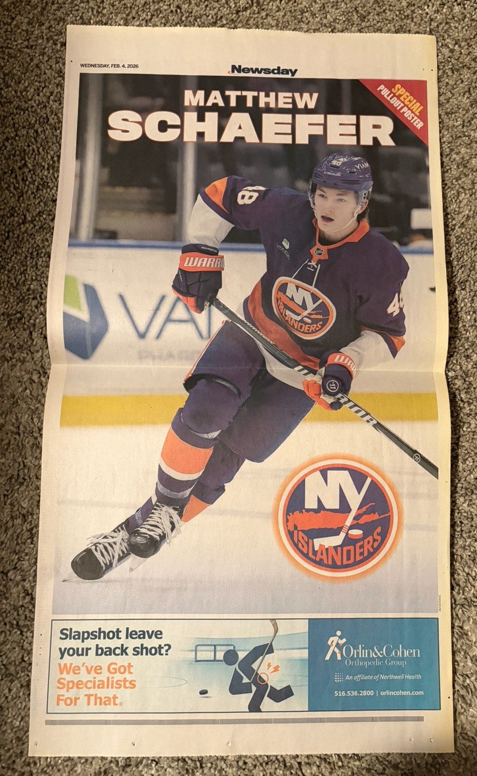 NEW YORK ISLANDERS STAR MATTHEW SCHAEFER NEWSDAY CENTERFOLD POSTER. L/E. CLEAN
