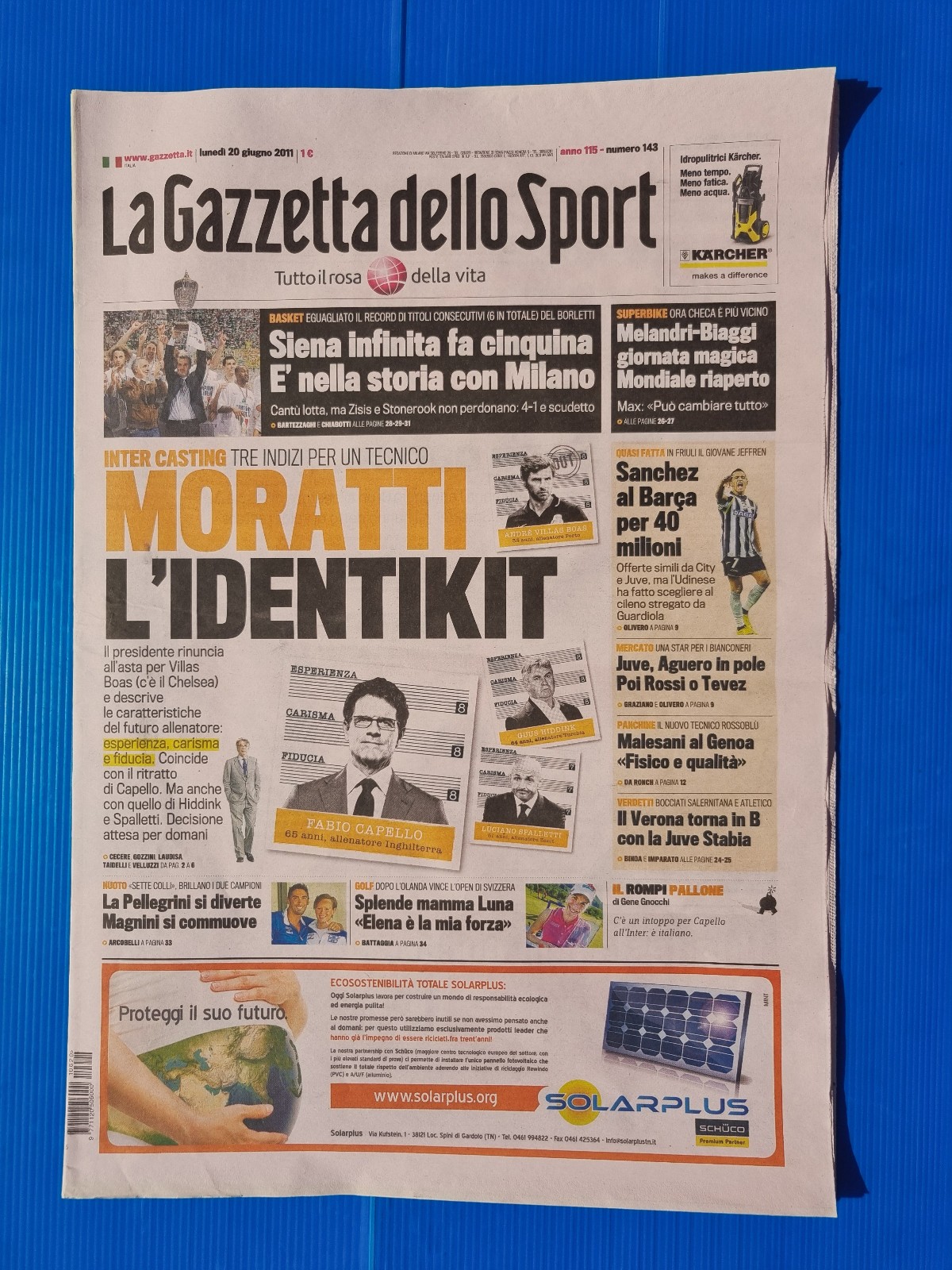 GAZZETTA DELLO SPORT 20 JUNE 2011 MENS SANA SIENA WINS BASKETBALL SCUDETTO