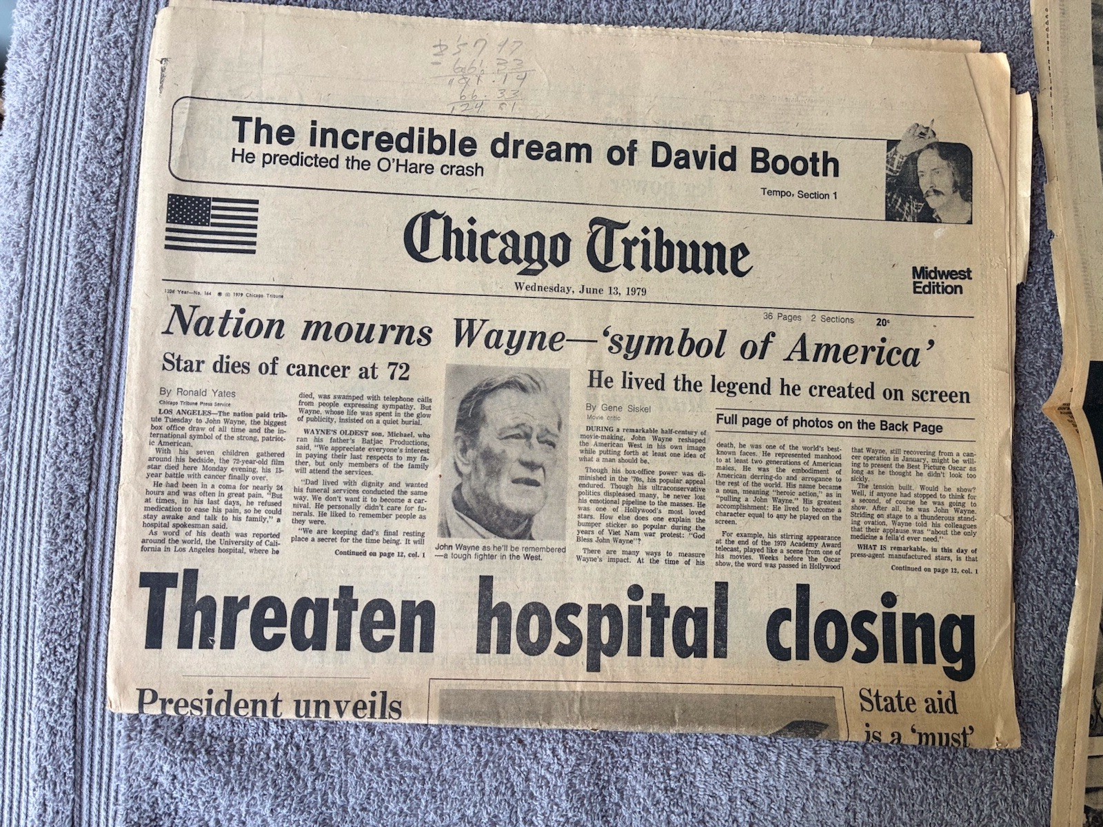 2~SECTIONS OF CHICAGO TRIBUNE NEWSPAPER RE: DEATH OF “THE DUKE” JOHN WAYNE~1979