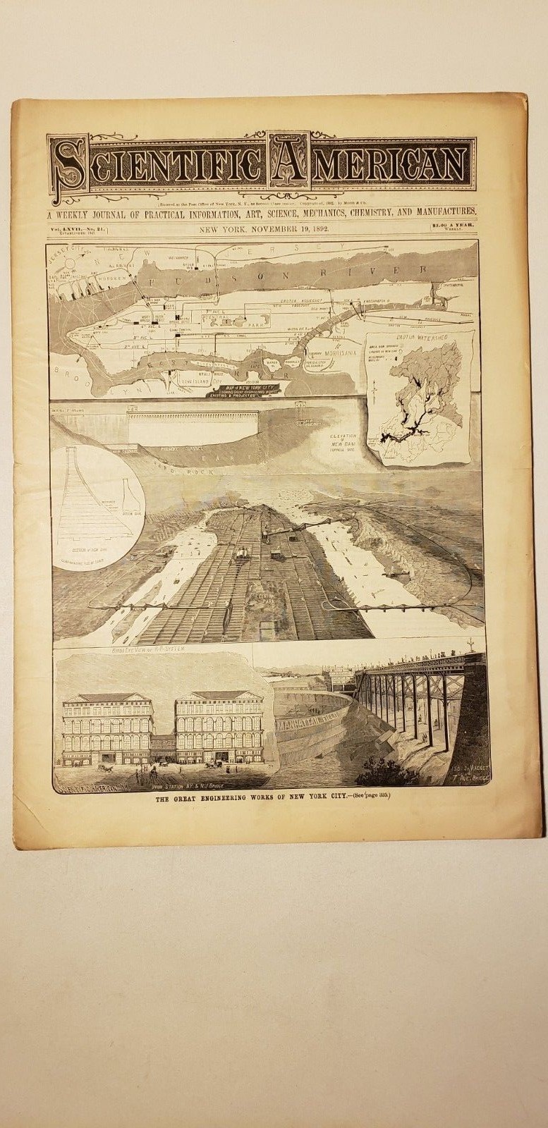 1892 SCIENTIFIC AMERICAN – NYC ENGINEERING WORKS BIRDS EYE VIEW MAP