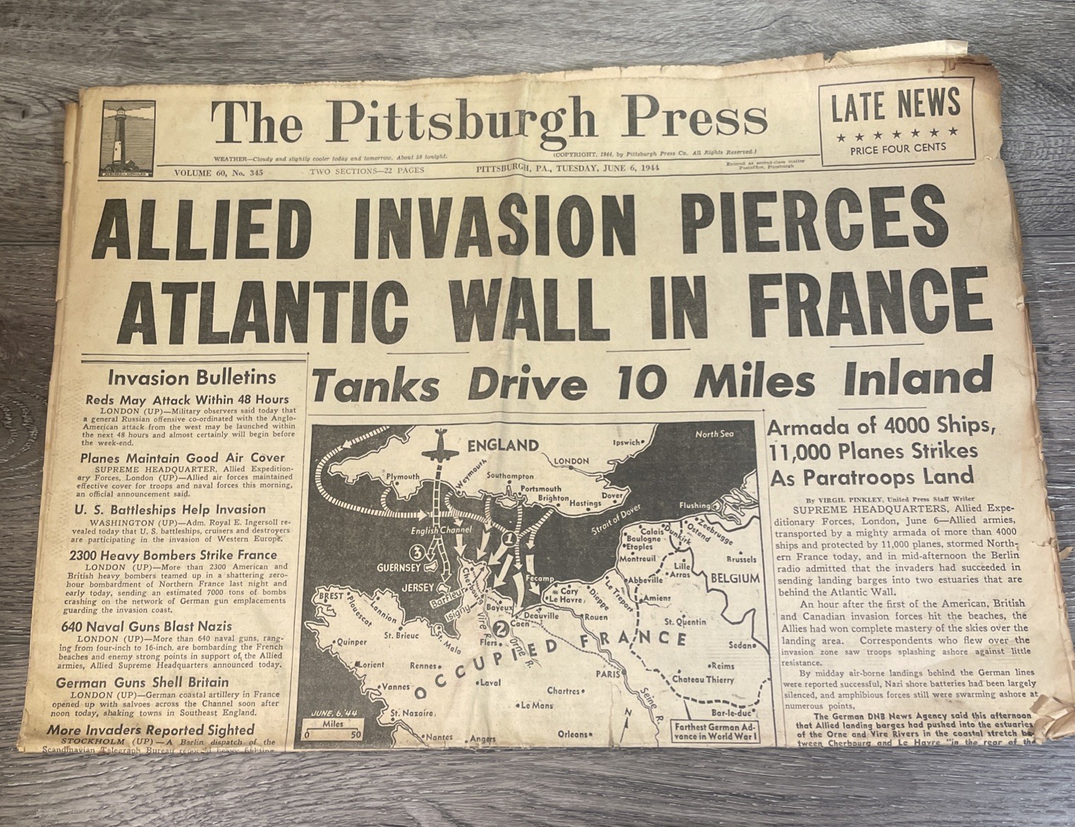 Original June 6 1944 Pittsburgh Sun-Telegraph Newspaper D-Day RED HEADLINE WW2