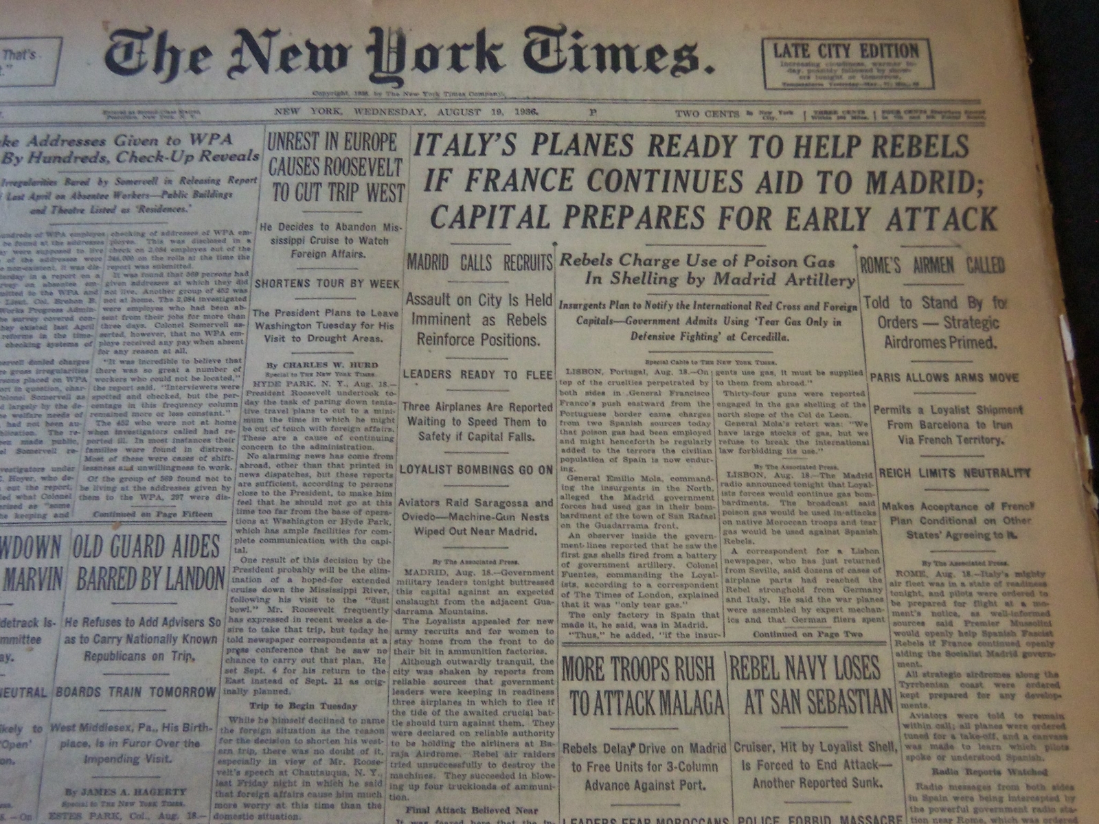 1936 AUGUST 19 NEW YORK TIMES – ITALY’S PLANES READY TO HELP REBELS – NT 6721